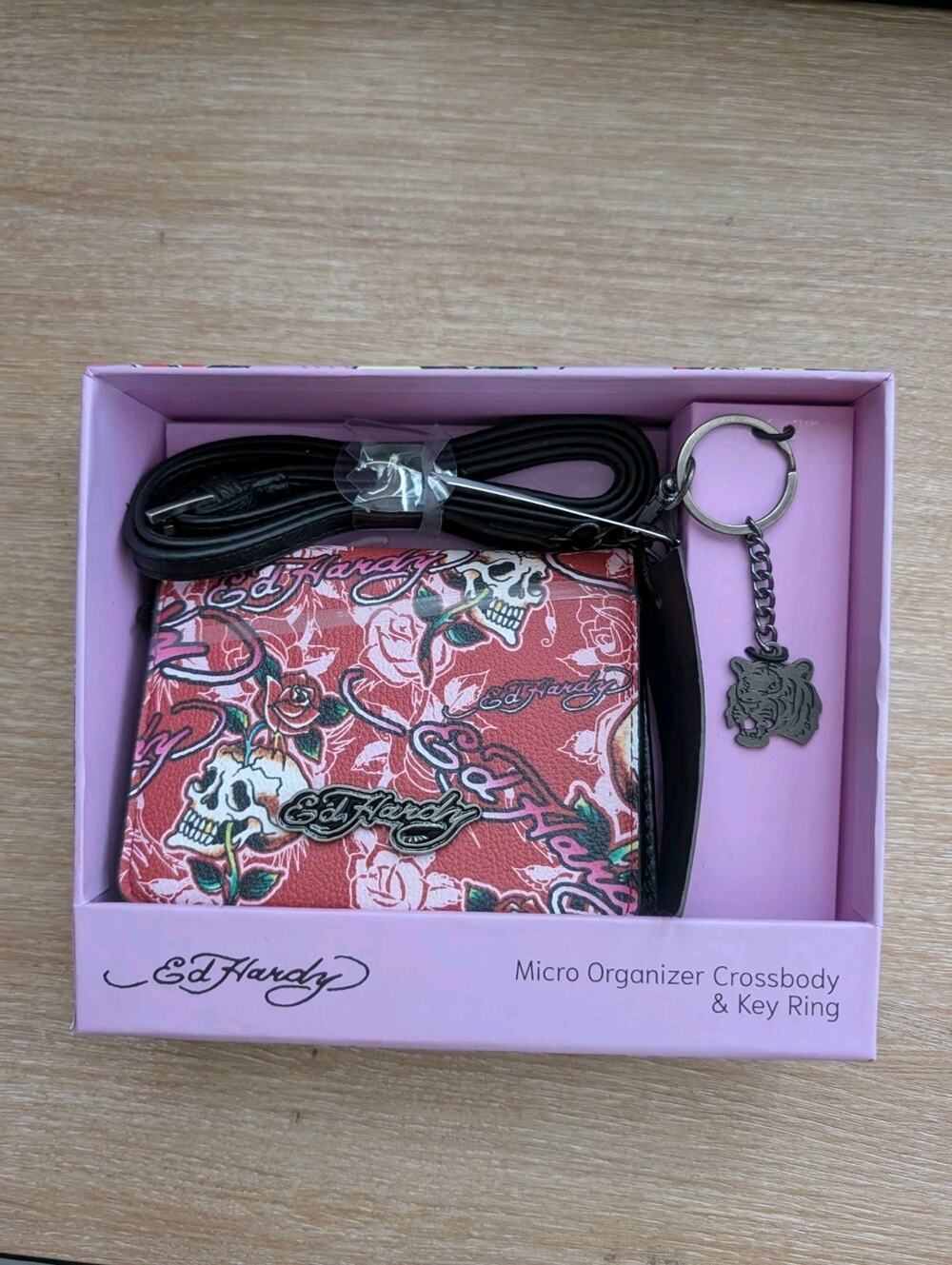 Ed Hardy Micro Organizer Crossbody w/ Detachable Strap & Key Chain, Boxed